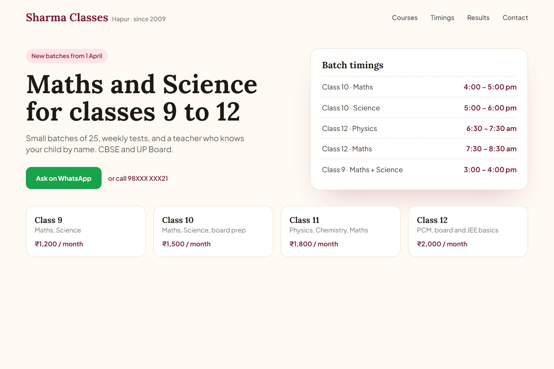 The Sharma Classes website: courses for classes 9 to 12, batch timings and a WhatsApp button